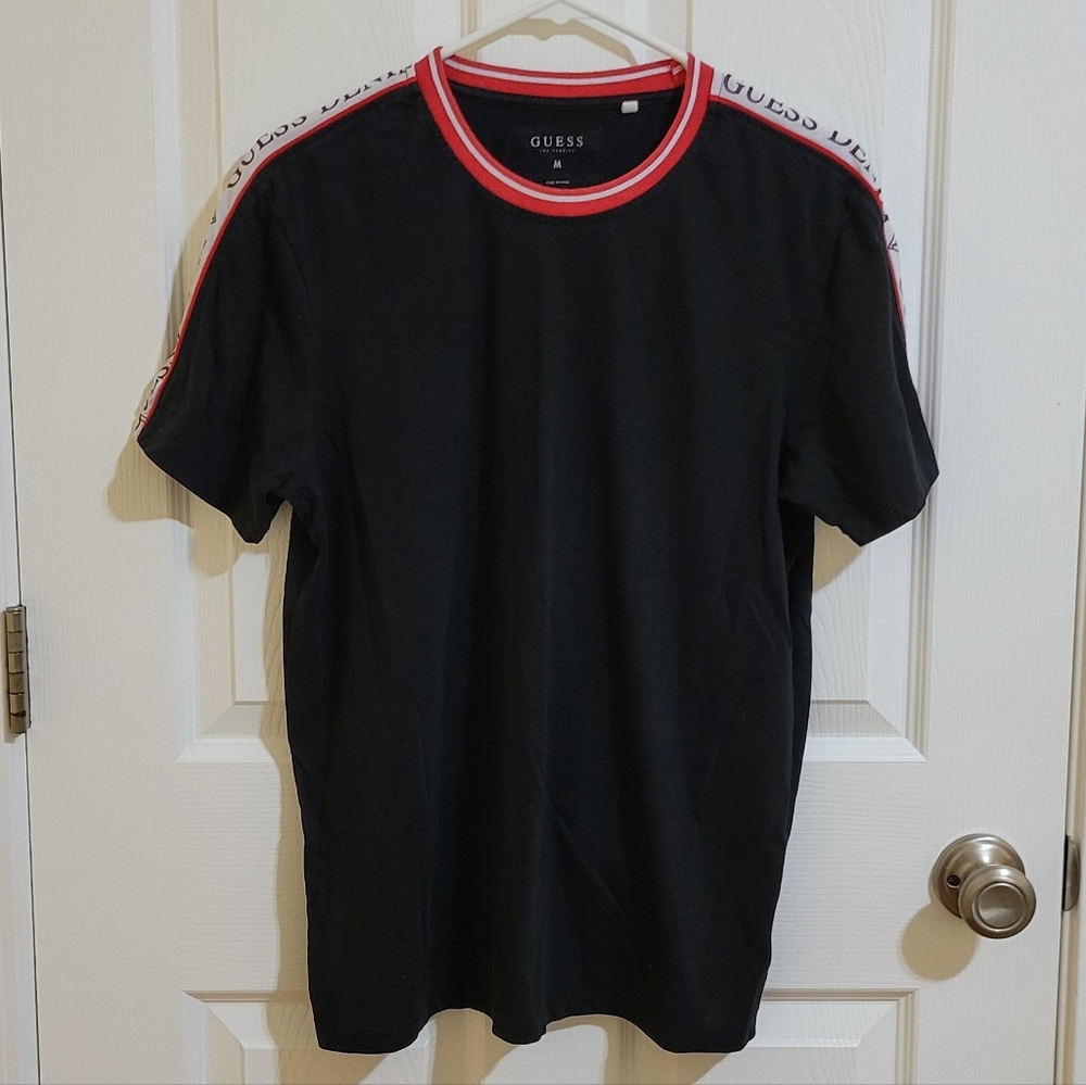 GUESS DENIM Logo Black Tee with Red/White Trim